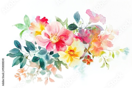 The artwork features an array of colorful flowers and lush green leaves artistically arranged on a white background, highlighting the beauty of nature