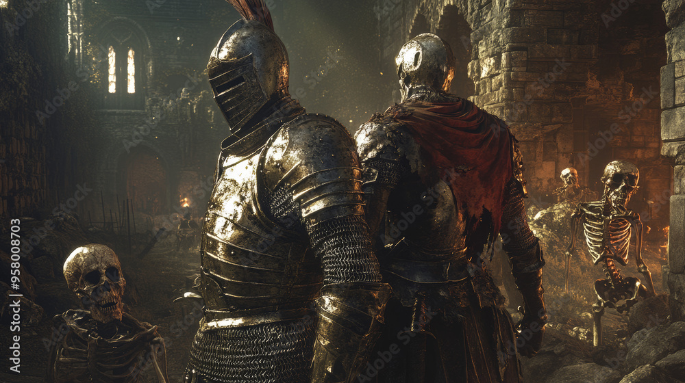 Fototapeta premium Two knight companions, a man and a woman, clad in thick, shiny armor with plumed helmets, stand back to back, preparing for battle. They are surrounded by sinister animated skeletons in ancient Gothic