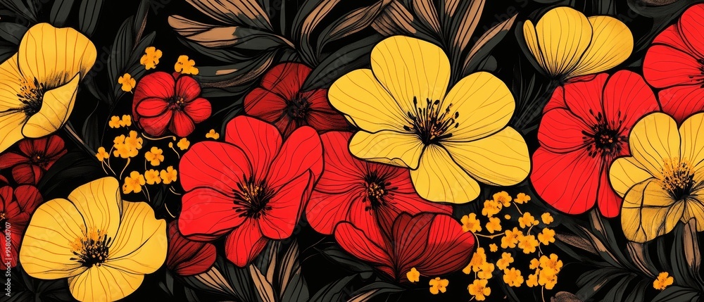 Line art illustration featuring vibrant red and yellow flowers accompanied by black linear ornaments and natural motifs Decorative hand drawn artwork