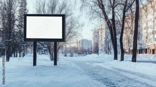 A blank billboard stands prominently on a snow-covered street, surrounded by bare trees and residential buildings on a chilly winter day