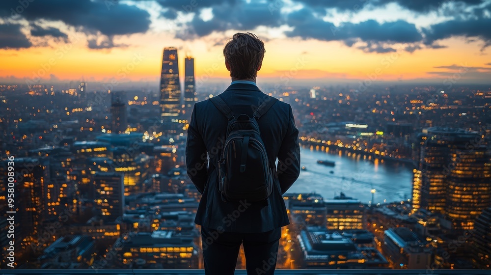 A businessman in a suit gazes over a vibrant city skyline at sunset, with towering buildings and a winding river below