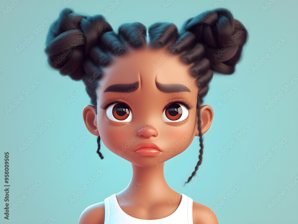 Sad stressed upset cartoon character young girl