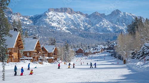 Picturesque Ski Resort with Snow-Covered Chalets and Majestic Mountains photo