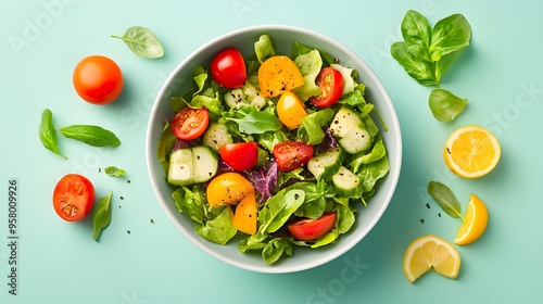 Flat lay food photography of a vibrant salad with an assortment of fresh ingredients, arranged neatly on a bright surface and shot from directly above