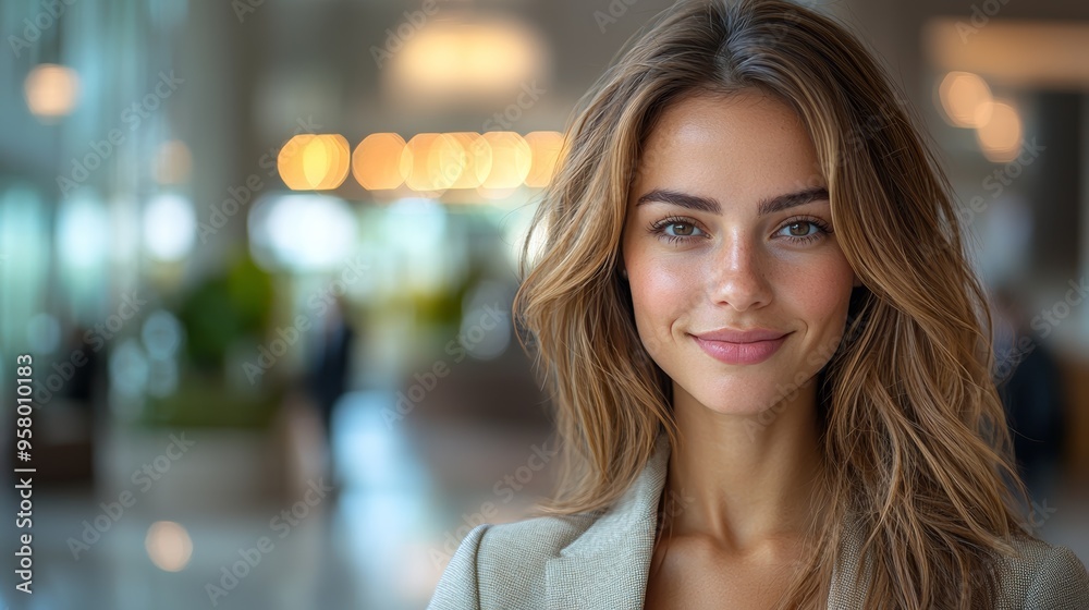 Young woman with long hair smiles confidently at a stylish hotel lobby during the day, showcasing a warm and welcoming atmosphere Young woman with long hair smiles confidently at a stylish hotel lobby during the day, showcasing a warm and welcoming atmosphere