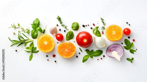 Flat lay food photography of a beautiful arrangement of fresh herbs and vegetables on a white surface, shot from directly above to highlight the colors and textures