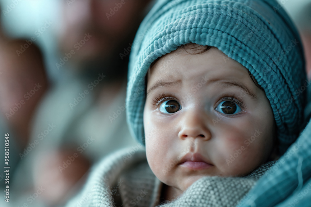 Close-up of a baby with expressive eyes, wrapped in a soft blanket and wearing a blue knitted hat, evoking a peaceful and tender mood. Close-up of a baby with expressive eyes, wrapped in a soft blanket and wearing a blue knitted hat, evoking a peaceful and tender mood.