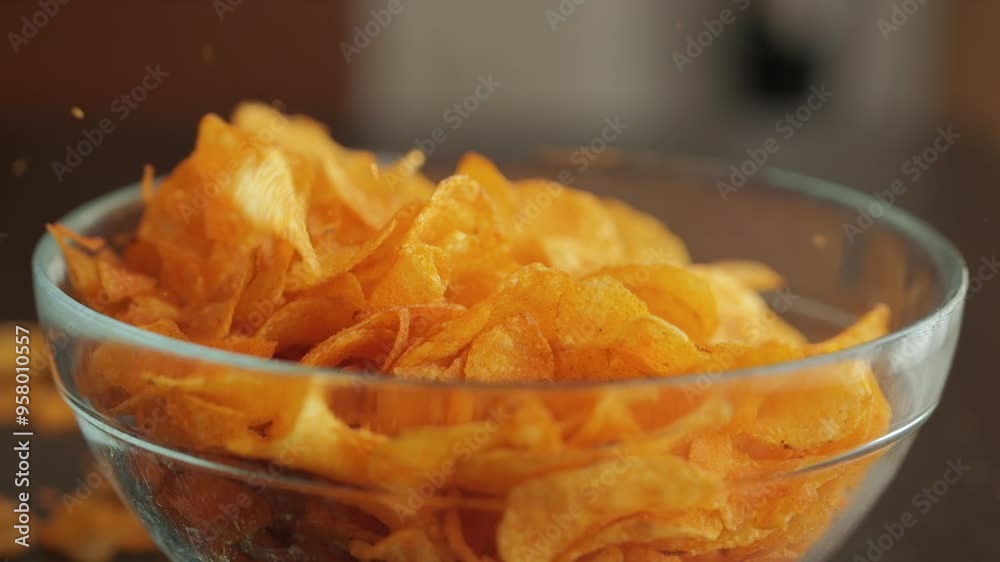 Slow Motion Macro Shot of Chips Falling Down Into Glass Bowl. Close-up Potatoes Chips. Potato Chips Falling in Transparent Bowl. Fast Food, Junk Food at Home. Childhood Obesity. High Calorie Food. Slow Motion Macro Shot of Chips Falling Down Into Glass Bowl. Close-up Potatoes Chips. Potato Chips Falling in Transparent Bowl. Fast Food, Junk Food at Home. Childhood Obesity. High Calorie Food.