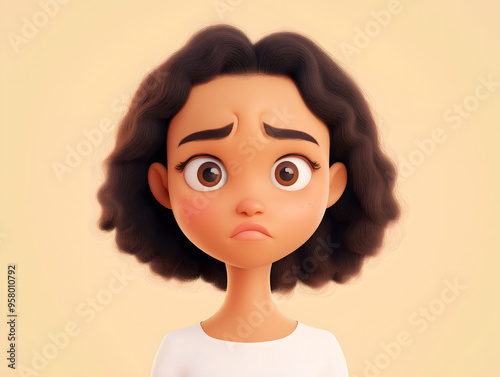 Sad stressed upset cartoon character young girl