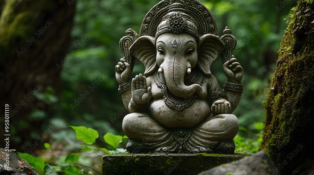 A lifelike Ganesha statue with a peaceful expression, nestled deep within the quiet of an old-growth forest A lifelike Ganesha statue with a peaceful expression, nestled deep within the quiet of an old-growth forest