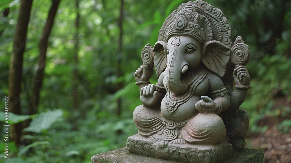 A cool Ganesha statue carved from stone, blending harmoniously with the natural beauty of the forest A cool Ganesha statue carved from stone, blending harmoniously with the natural beauty of the forest