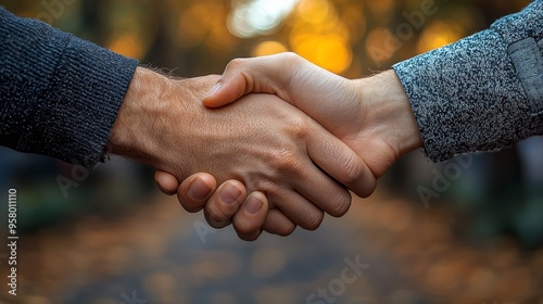 Two individuals shaking hands in a park during autumn, surrounded by colorful leaves as the sun sets in the background