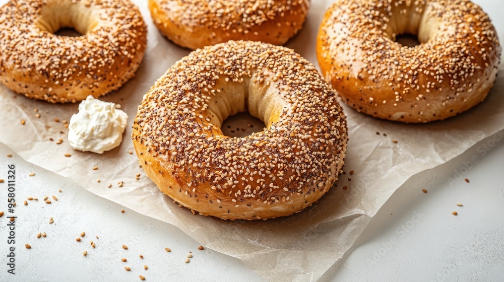 Freshly baked bagel with Sesame seed isolated on white background,Everything bagels topped with cream cheese,New York style bagels for breakfast,Homemade freshly baked bagels,space for text. Freshly baked bagel with Sesame seed isolated on white background,Everything bagels topped with cream cheese,New York style bagels for breakfast,Homemade freshly baked bagels,space for text.
