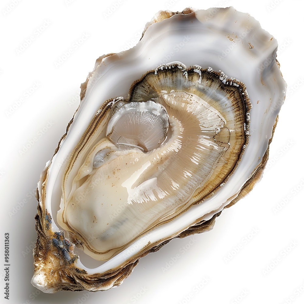 An open oyster shell on a white background An open oyster shell on a white background