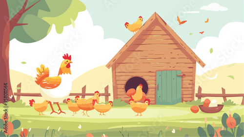 Chicken Coop Banner Animals and Nest with Eggs