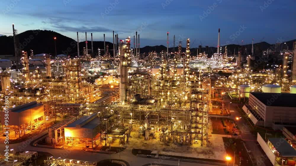 Oil Refinery plant at sunset. Gas Chemical Equipment Prodiction import export Concept, Crude Oil Refinery Plant Steel Pump Pipe line and Chimney and Cooling tower, Chemical Petrochemical
