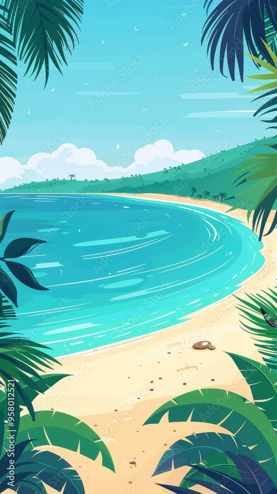 Obraz premium A beautiful cartoon style beach landscape features a calm sea, gentle waves, and swaying palm trees, evoking thoughts of relaxation and travel adventures