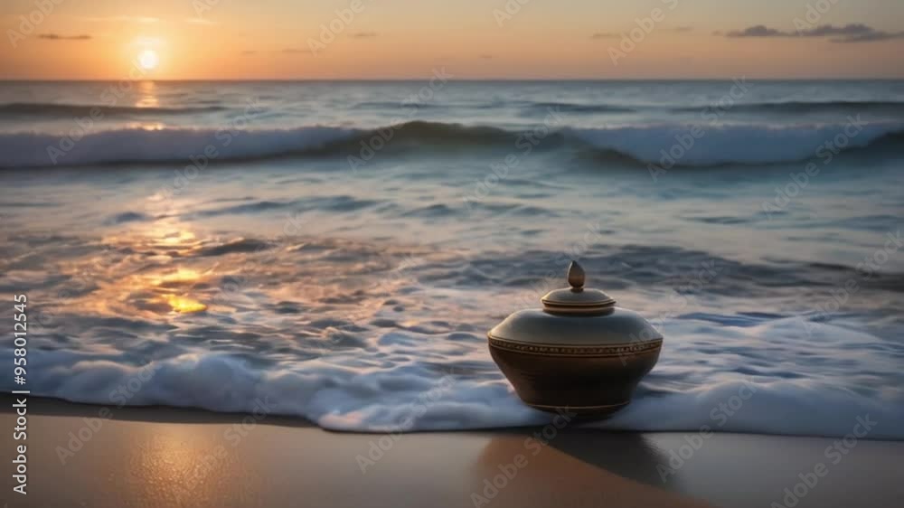 A Serene and Beautiful Sunset with an Ornamental Urn on a Tranquil Beach Shoreline A Serene and Beautiful Sunset with an Ornamental Urn on a Tranquil Beach Shoreline