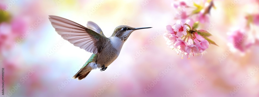 Hummingbird hovering by a pink-yellow flower against a softly blurred sky Hummingbird hovering by a pink-yellow flower against a softly blurred sky