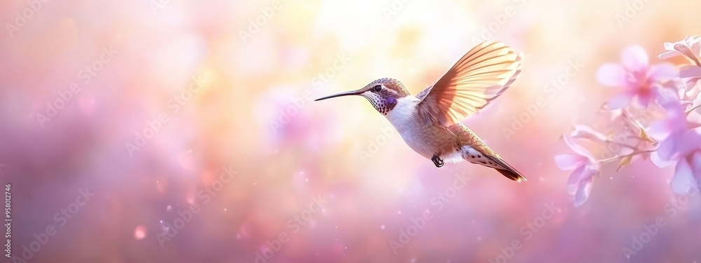 Fototapeta premium A hummingbird hovers in mid-air, pink flower in foreground grasped between its feet, another pink flower blooming behind