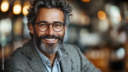 Smiling man with gray curly hair and glasses enjoying a moment at a cozy café during the day