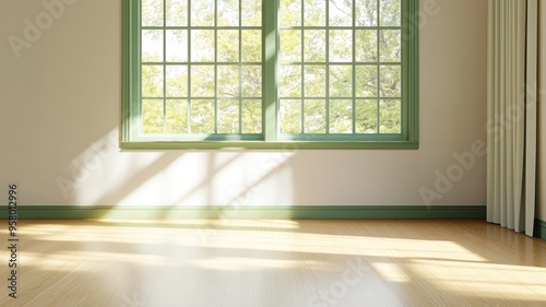 Bright and airy room featuring a large window with green frame, allowing natural light to illuminate the wooden floor.