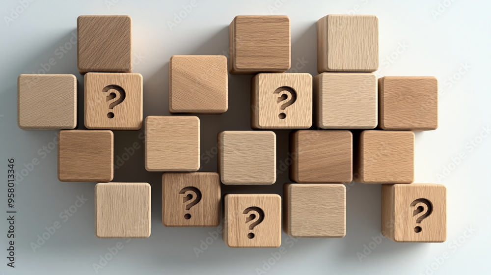 Obraz premium Wooden blocks arranged in a grid with some blocks featuring engraved question marks. The blocks have a natural wood finish and are placed on a white surface.
