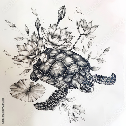 Wallpaper Mural turtle, lotus, vector, illustration, art, animal, design, cartoon, drawing, nature, pattern, sea, symbol, vintage, tattoo, reptile, ornament, cute, decoration, flower, sign, tortoise, icon, shell, sil Torontodigital.ca