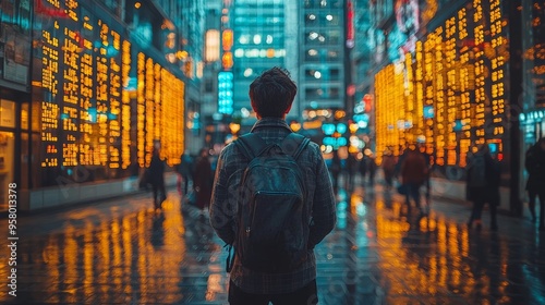 Wallpaper Mural A lone traveler admires illuminated city streets in an urban setting during the evening hours, capturing a vibrant atmosphere Torontodigital.ca