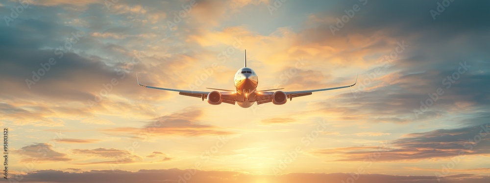 Obraz premium A large jetliner traverses a cloudy, blue-yellow sky with the sun obscured yet visible, peeking from behind the clouds