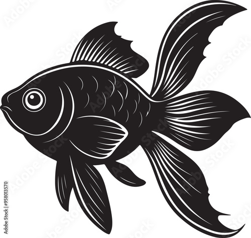 A minimalist black and white vector art depiction of a goldfish, highlighting its graceful shape and features photo