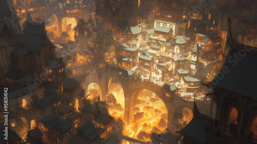 bustling dwarven marketplace nestled within a grand underground city, aglow with vibrant activity and warm light