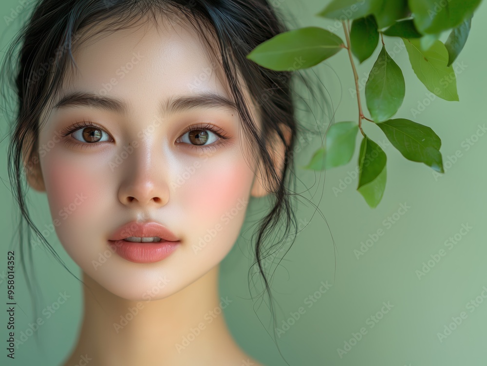 A close-up portrait of a young woman with glowing skin and natural beauty, framed by green leaves against a soft background. A close-up portrait of a young woman with glowing skin and natural beauty, framed by green leaves against a soft background.