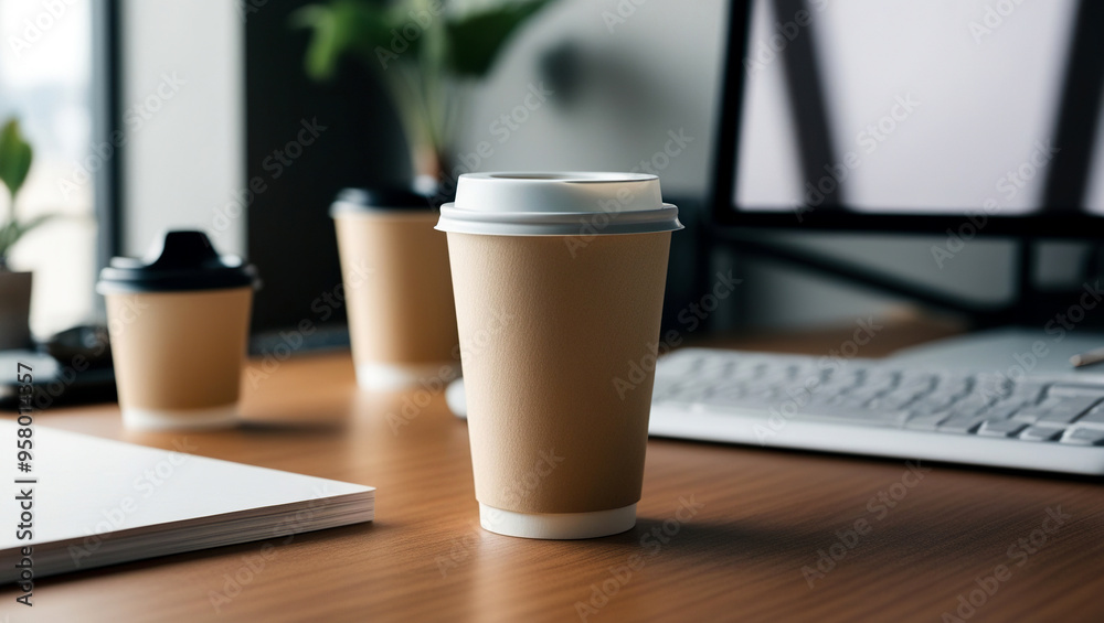 Paper coffee cup on an office table background, Blank brown paper coffee cup on a table, Brown coffee cup mock-up