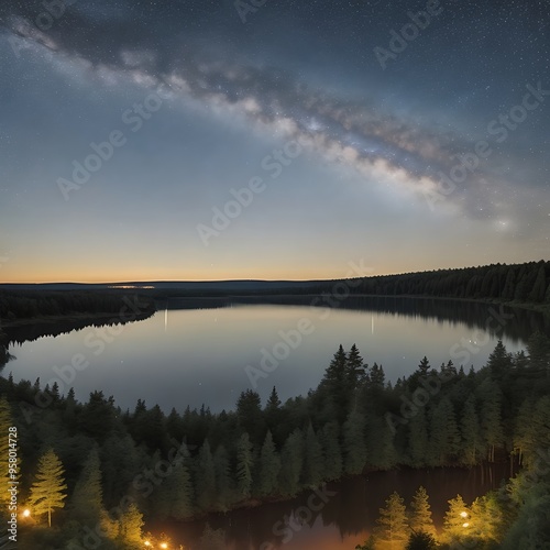 a lake with a starry sky and trees in the background.