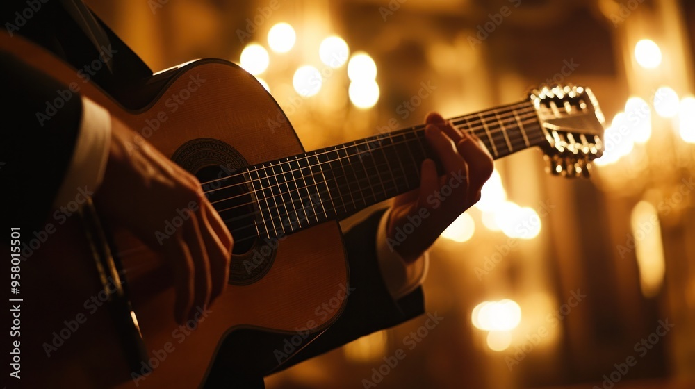 Obraz premium A classical guitar concert in a grand hall, elegant lighting, focused on the musician's hands,