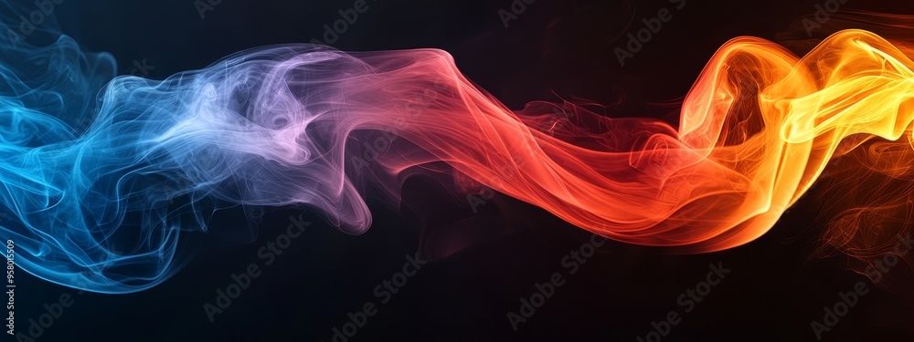 Vibrant smoke against a black backdrop, featuring a red, yellow, and blue smoke trail passing through its heart Vibrant smoke against a black backdrop, featuring a red, yellow, and blue smoke trail passing through its heart