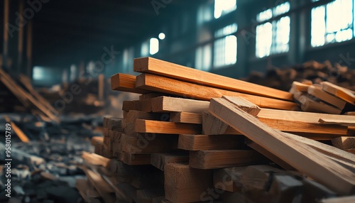 Wooden planks stacked in an abandoned warehouse, showcasing industrial decay and natural textures in low light.