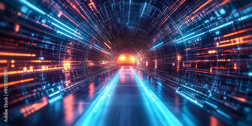 Digital time tunnel, symbolizing high-speed data flow. 3D virtual channel, the speed of modern Internet, network systems and big data transmission in future data center environment.