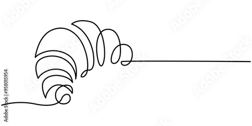 Continuous one line drawing of croissant for logo in minimalist style. Hand drawn french pastry line sketch for print, breakfast concept, Croissant, sweet dessert one line continuous drawing. Bakery