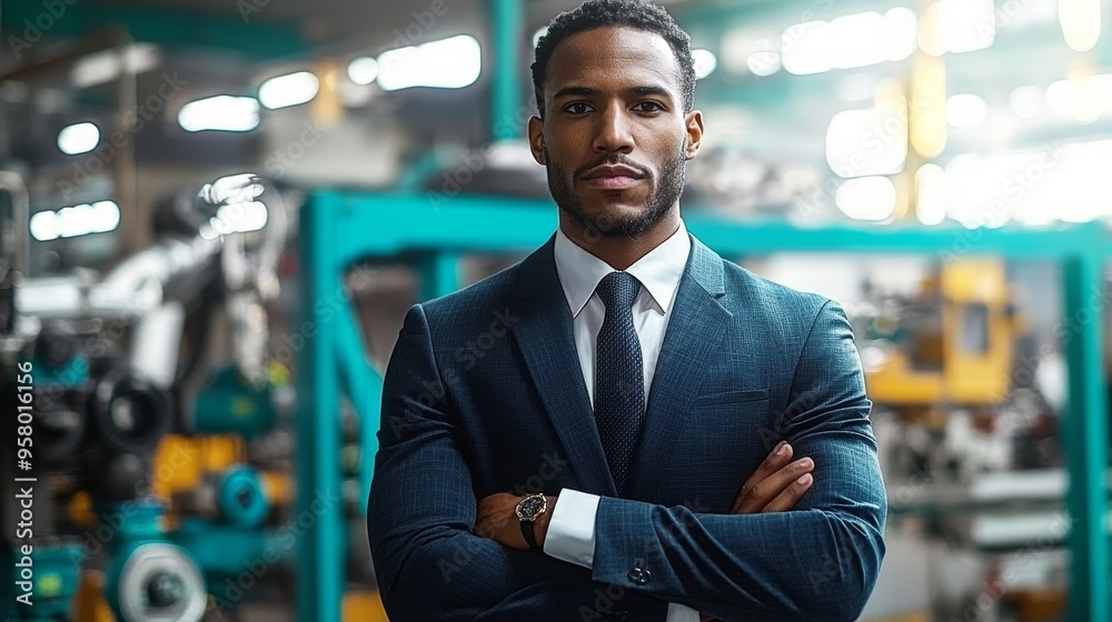 Professional man in a suit confidently standing in a busy factory environment during work hours