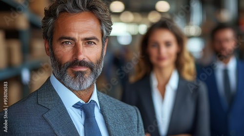 Confident business professional stands prominently in a modern workspace surrounded by colleagues during an early workday