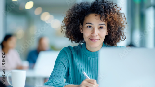 Focused woman working on laptop at modern office. Professional and confident, she exemplifies productivity and dedication in a corporate environment. photo