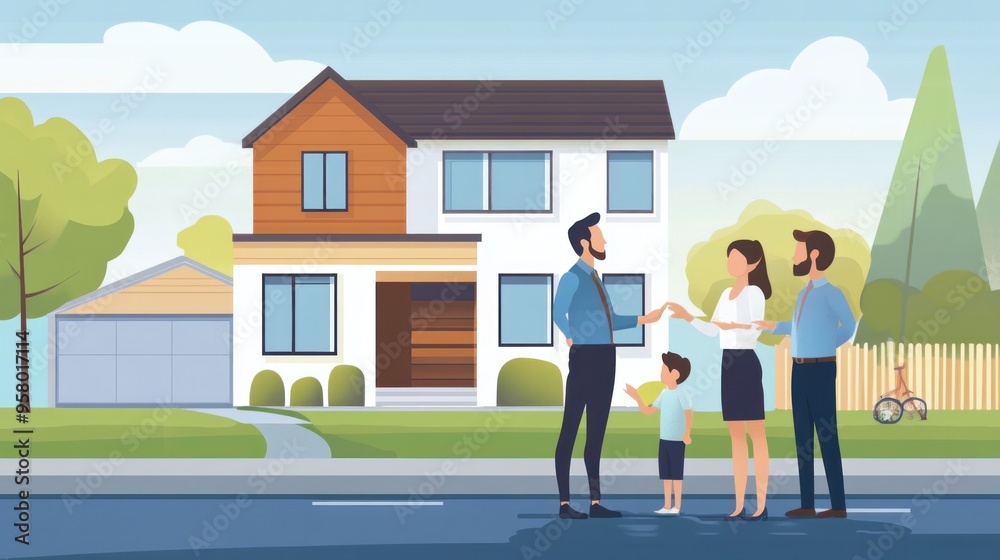 A comprehensive building inspection scene, featuring a home inspector and a family during a residential inspection, discussing the condition of the property A comprehensive building inspection scene, featuring a home inspector and a family during a residential inspection, discussing the condition of the property