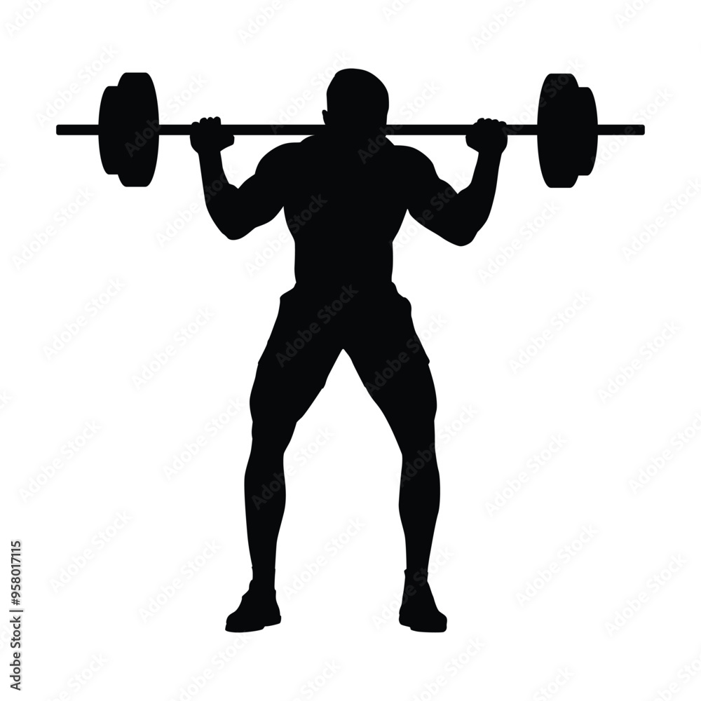 Silhouette of a man practicing lifting weights with a barbell