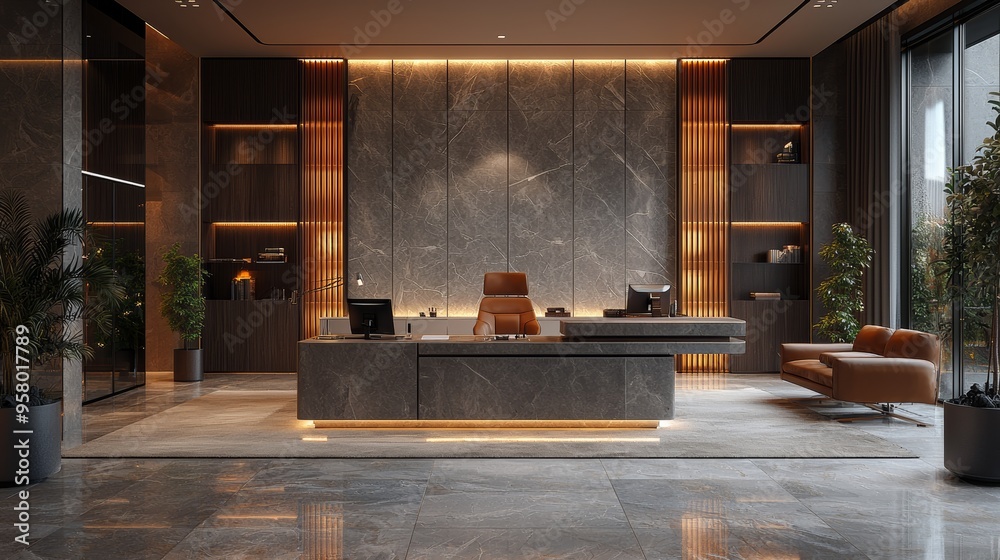 Modern reception area with elegant design and warm lighting in a contemporary business environment Modern reception area with elegant design and warm lighting in a contemporary business environment