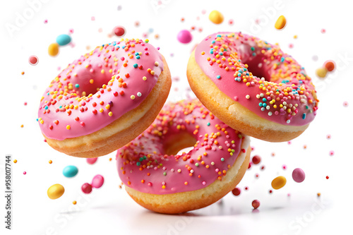 Flying donuts with pink icing and colorful sprinkles isolated 