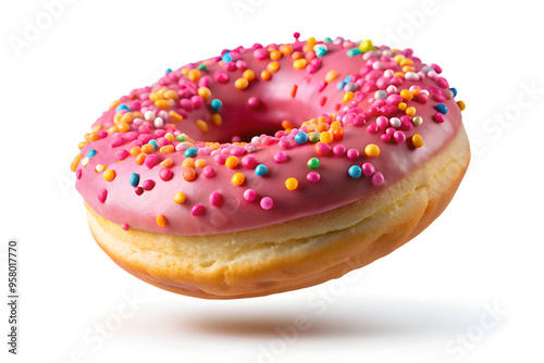 Flying donuts with pink icing and colorful sprinkles isolated 