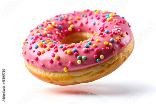 Flying donuts with pink icing and colorful sprinkles isolated 