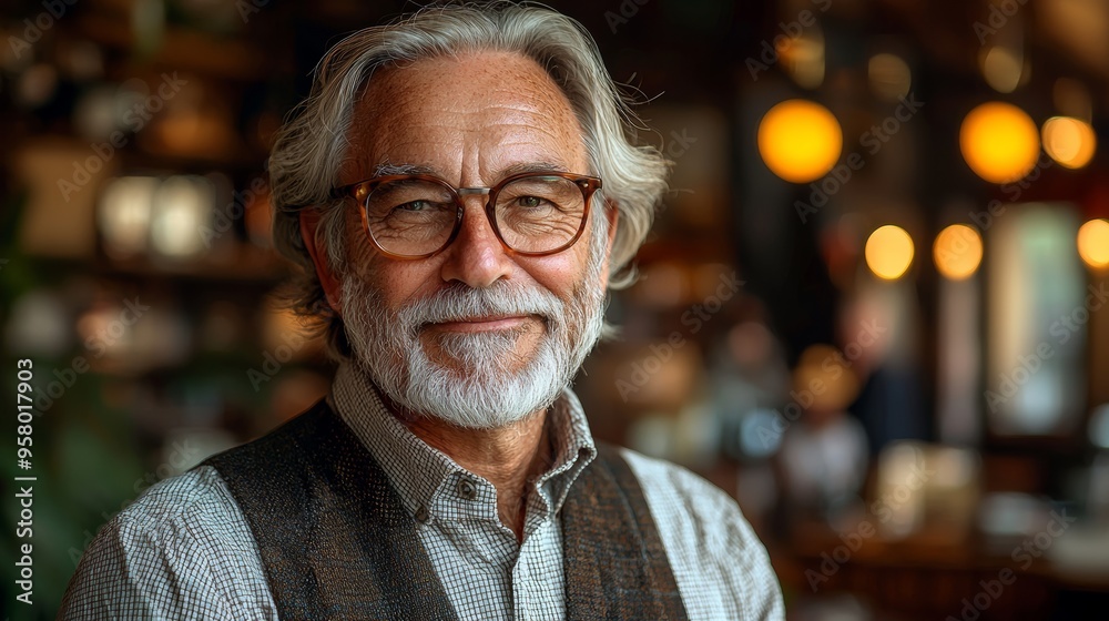 A smiling elderly man with glasses enjoys a cozy café atmosphere with warm lighting and rich decor